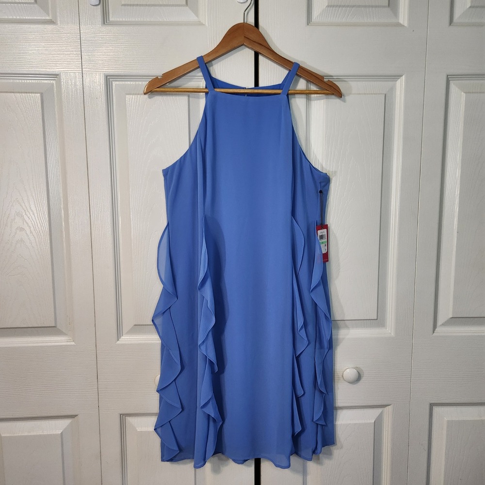 Vince Camuto Blue Ruffle Side Chiffon Shift Dress Halter Neck Size 8 NEW